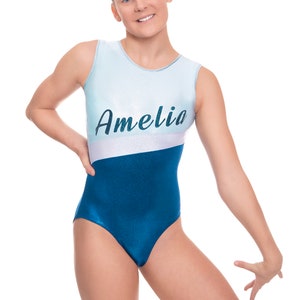 Personalised Sleeveless Shimmer Metallic Foil Turquoise and Silver Stripe Girls Gymnastics Leotard with Custom Name in Turquoise Glitter
