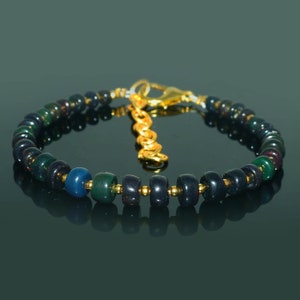 Natural Ethiopian Fire Opal  Bead Bracelet 6 Inch Gemstone, Ethiopian Black Opal Bracelet, Black Fire Opal, Opal Beaded Bracelet