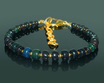 Natural Ethiopian Fire Opal  Bead Bracelet 6 Inch Gemstone, Ethiopian Black Opal Bracelet, Black Fire Opal, Opal Beaded Bracelet