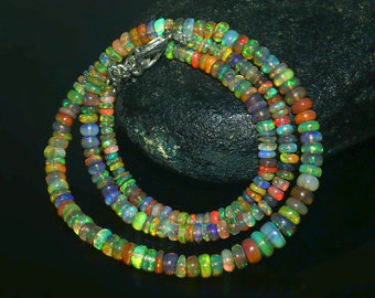 AAA+ Natural Ethiopian Black Opal Necklace, Black Fire Opal Necklace, Opal Smooth Rondelle Beads, Opal Beaded Necklace, 17 inch (7.5-3.5)MM