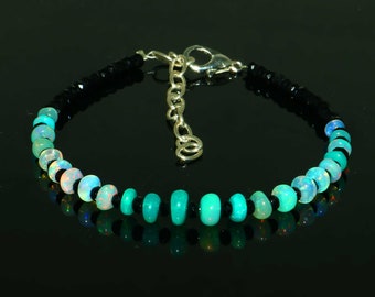OPAL STONE BRACELET !! Opal Beads Bracelet, Natural Ethiopian Fire Opal Bracelet, Welo Opal Bracelet, Opal & Black Spinel Bracelet, 7 Inches