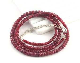 AAAA++ Quality Natural Red Ruby Gemstone Beads Necklace Natural Mined Ruby Faceted Rondelle Beads Ruby  Beaded Necklace Ruby Necklaces
