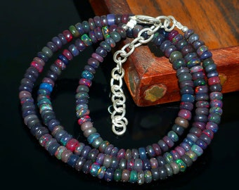 Ethiopian Fire Opal Beaded Necklace: Black Opal Rondelle Beads, 18 Inch
