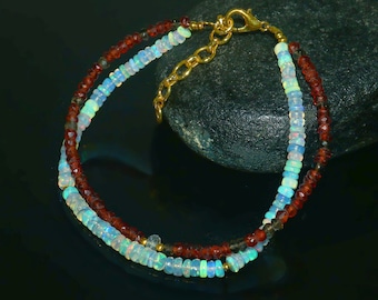 Natural Ethiopian Opal and Red Garnet Beads Bracelet, Opal Beaded Bracelet, Welo Opal Gifted Jewelry, Birthstone Bracelet 7 Inches