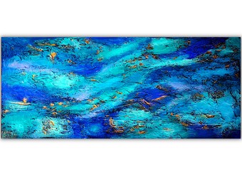 Nebula - - Oro azul arte abstracto sobre lienzo - azul turquesa - arte texturizado