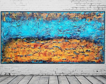 Danza de fuego y hielo - Obra de arte azul extra grande sobre lienzo - Arte texturizado abstracto - Envío gratuito