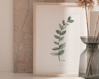 Green Flower Watercolor painting, Aquarelle green Twig art, Original Not Print Flowe Drawingm, Art Branch