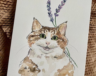 Cat Watercolor painting, Aquarelle Colorful art, Original Not Print Kitty, Lavander and Cat Painting, Cat and Lavender art, Cat lovers Gift