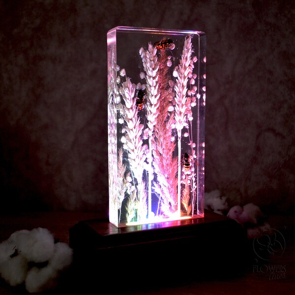 Wasps on wheat night light with plants. European walnut wood and resin. Epoxy resin lamp. Eco wood and resin sculpture. Light sculpture.
