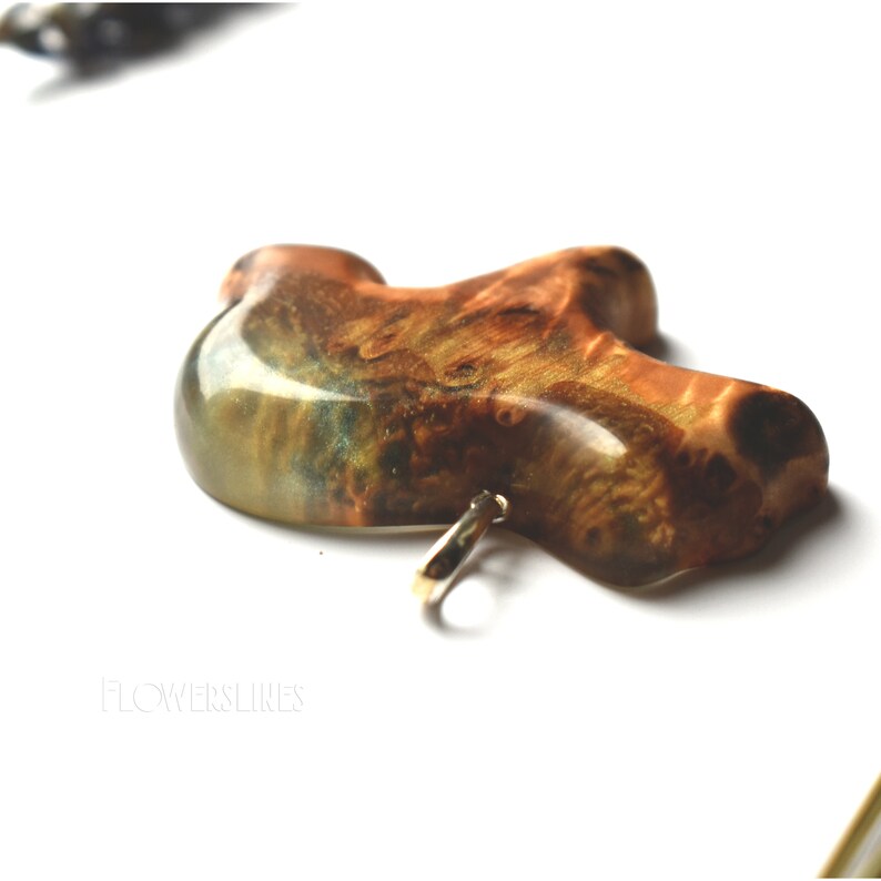 Wood animal Bear pendant Exotic wood and resin jewel Green and blue pendant