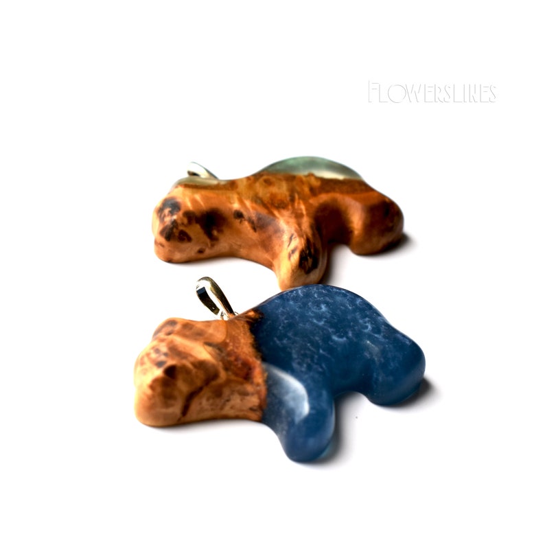 Wood animal Bear pendant Exotic wood and resin jewel Green and blue pendant