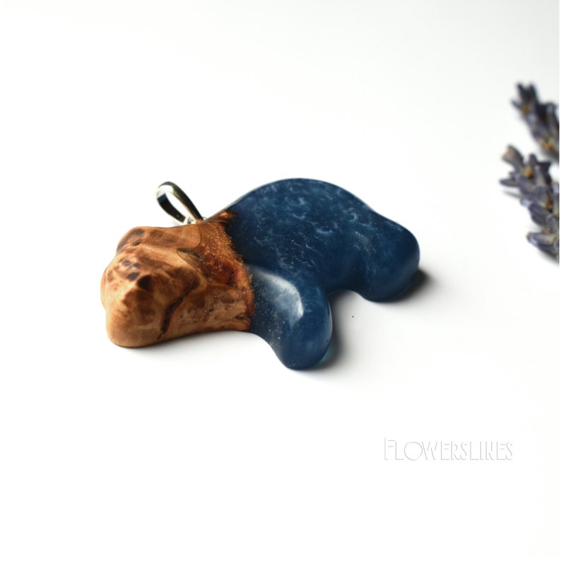 Wood animal Bear pendant Exotic wood and resin jewel Green and blue pendant