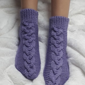 Hand knitted wool socks, cabled socks, comfort women socks