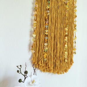 Yellow macrame wall hanging , shiny textile home decor , handmade