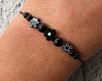 OBSIDIAN AMETHYST FLOWER bracelet, anklet, necklace, Choice Crystal Healing, adjustable