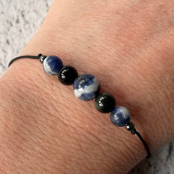 PROTECTION À LA SODALITE ET À L'OBSIDIENNE Bracelet/cheville/collier cristal guérison shamballa