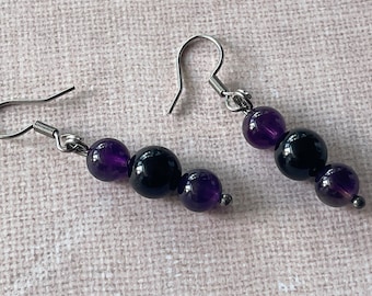 EMPATH earrings TOURMALINE & AMETHYST  Crystal Healing Steel Hooks