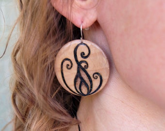 Flame earrings - wood burned jewelry / Round fire symbol / Nature / Organic / Pagan emblem / Witchcraft