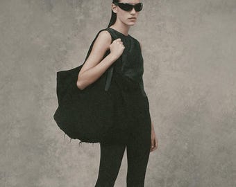 Black Large Canvas Tote Bag – Minimalist Work Shopper with Leather Handles