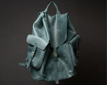 Green Leather backpack Large travel leather backpack - Customizable Options