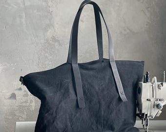 Zippered Denim Tote Bag | Large Work Laptop Bag with Leather Handles