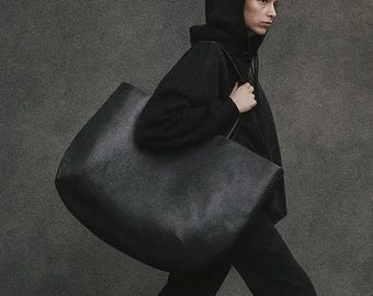 Oversized Black Leather Tote Bag: Unisex Minimalist Carryall