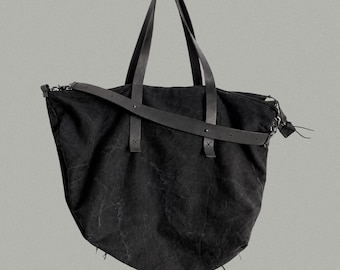 Denim Zippered Tote Bag | Large Canvas Travel Bag with Leather Handles