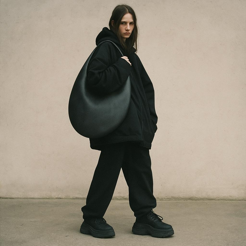 Oversized Black Leather Hobo Bag: Unique Round Shape, Hand-Sewn Handle