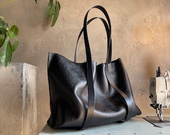 Black Grain Leather Tote Bag | Laptop Work Bag