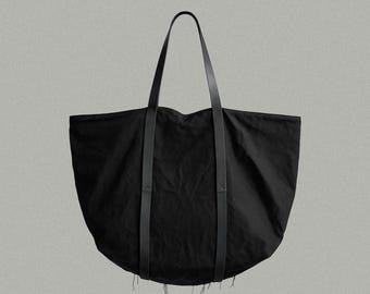 Hand-Stitched Black Denim Tote Bag with Leather Handles | Large Canvas Shopper