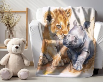 Cute Baby lion with rhino friend child's cute blanket, soft safari blanket, lion cub with baby rhino animal print, childs minky