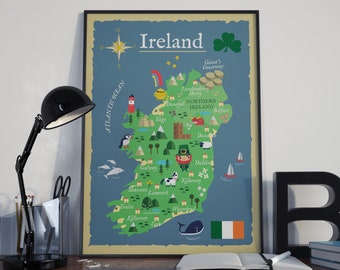 Fun Illustrated Kids Map of Ireland - Irish Poster for Children, Ireland Map, Irish Map, Art, Print, Map, Poster