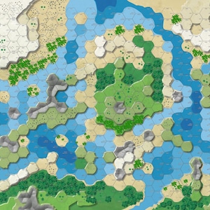 Może przedstawiać: Szczegółowa mapa z sześciokątną siatką, przedstawiająca krajobraz z wodą, lądem i roślinnością. Mapa zawiera odcienie niebieskiego, zielonego, beżowego i białego, sugerując grę geograficzną lub strategiczną.