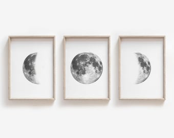 Moon Phases Print | Moon Print Monochrome | La Lune Print | Bedroom Prints | Set of 3 | Lunar Phase | Moon Phase Art | Moon Chart Celestial
