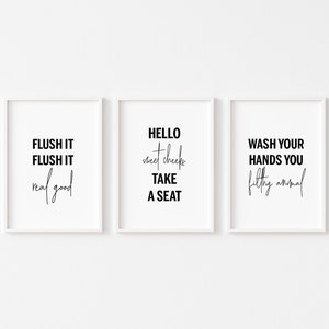 Bathroom Prints Set of 3 | Bathroom Wall Decor | Hello Sweet Cheeks | Filthy Animal | Funny Bathroom Art | Home Prints | Typography Prints