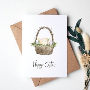 Carte Joyeuses Pâques | Carte de panier d'oeufs de Pâques | Carte de voeux de printemps | Cartes florales de printemps | Oeufs de carte de Pâques | Carte de Pâques aquarelle