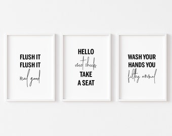 Bathroom Prints Set of 3 | Bathroom Wall Decor | Hello Sweet Cheeks | Filthy Animal | Funny Bathroom Art | Home Prints | Typography Prints