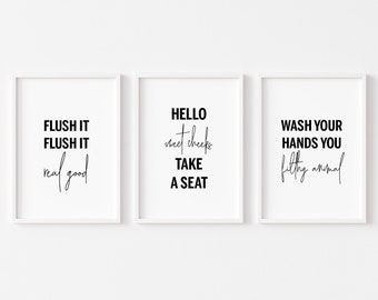 Stampe da bagno Set di 3 / Decorazione della parete del bagno / Hello Sweet Cheeks / Animale sporco / Arte del bagno divertente / Stampe domestiche / Stampe tipografiche