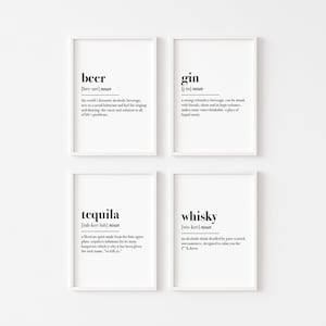 Kitchen Prints Set Of 4 | Alcohol Definition Prints | Whisky | Gin | Beer | Tequila | Kitchen Wall Art | Decor | Funny Kitchen Prints