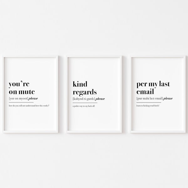 Home Office Set of 3 Prints | Definition Prints | You're On Mute | Funny Wall Art | Work From Home | Home Office Decor | Home Prints | Email