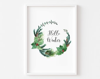 Hello Winter | Christmas Prints | Christmas Wall Art | Christmas Decor | Christmas Print | Christmas Wreath Print, Christmas Gift | Seasonal