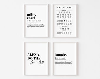 Laundry Prints Set Of 4 | Utility Room Definition Wall Art | Laundry Guide | Washing Ironing Drying | Alexa Do The Laundry | Home Print