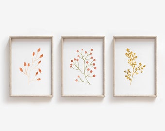 Autumn Watercolour Prints Set of 3 | Autumn Prints | Autumn Decor | Kitchen Prints | Leaves Plant Print | Botanical Prints | Bedroom Prints