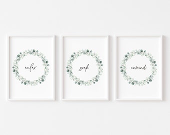 Juego de impresiones de baño de 3 / Relax Soak Unwind / Sign / Eucalyptus Watercolour Print / Wall Art / Decor / Botanical Prints / Home / Floral