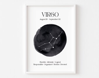 May include: Black and white printable poster with the Virgo zodiac sign, constellation, and traits. The text reads "Virgo, August 28 - September 22, Humble, Altruistic, Logical, Responsible, Organized, Modest, Devoted."