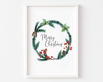 Impresión de corona navideña / Impresiones navideñas / Arte mural navideño / Decoración navideña / Acuarela navideña / Regalo / Estacional