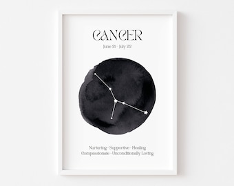 May include: Black and white printable art print with the zodiac sign Cancer. The constellation is depicted in white stars on a black watercolor circle. The text "Cancer" is in a bold, sans-serif font. The dates "June 21 - July 22" are listed below the sign name. The text "Nurturing - Supportive - Healing" and "Compassionate - Unconditionally Loving" are listed below the constellation.