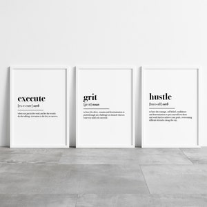 Motivational Prints Set of 3 | Hustle | Grit | Definition Prints | Home Print | Bedroom Print | Home Decor | Home Prints | Bedroom Prints