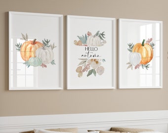 Hello Autumn Set Of 3 Prints | Pumpkin Prints | Autumn Home Decor | Autumnal Wall Art | Fall Seasonal Print | Autumn Leaves Print | Poster