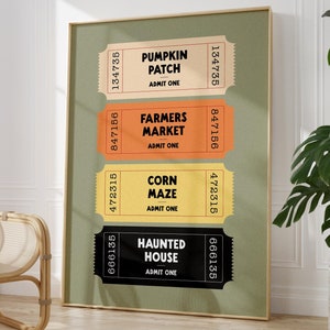 May include: Four vintage-style ticket stubs with black text on a green background. The tickets are for a pumpkin patch, farmers market, corn maze, and haunted house. Each ticket has a unique number printed on it.